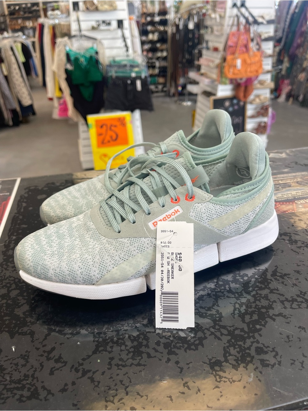 Reebok Women's Mint Green Knit Sneakers with Orange Eyelet Accents